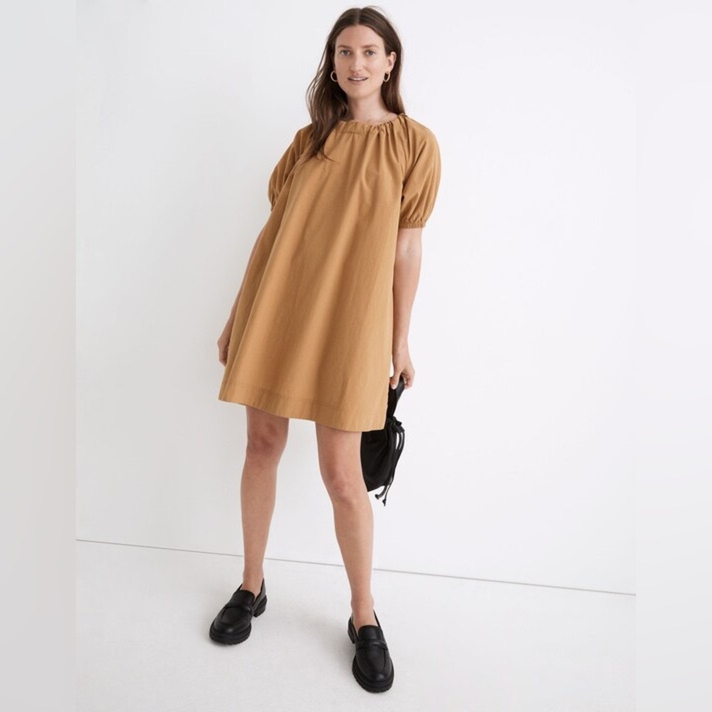 Madewell Crinkle Poplin Puff-Sleeve Mini Dress Size S Toffee